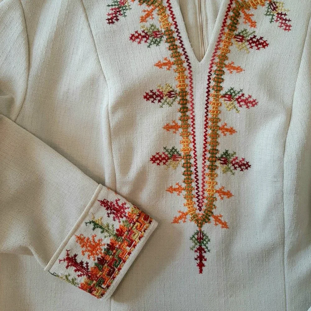 Vtg 60s 70s Berkshire B Tween Fall Embroidered Hippy Boho Shift Midi Dress - Picture 7 of 10